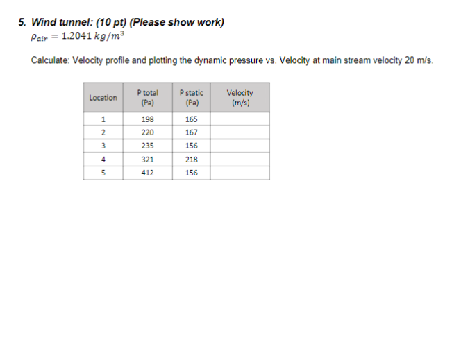 5. Wind tunnel: (10 pt) (Please show work)
Pair = 1.2041 kg/m³
Calculate: Velocity profile and plotting the dynamic pressure vs. Velocity at main stream velocity 20 m/s.
P total
P static
Velocity
Location
(Pa)
(Pa)
(m/s)
1
198
165
2
220
167
3
235
156
4
321
218
5
412
156