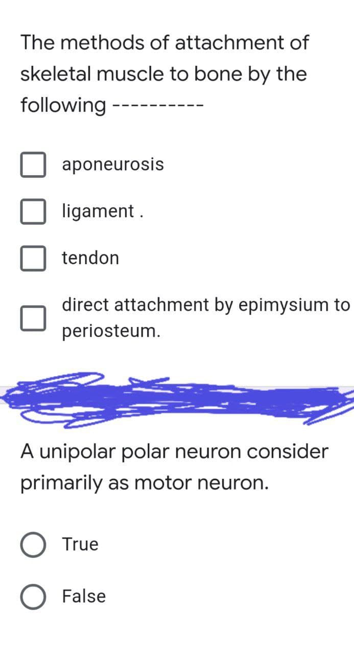 The methods of attachment of
skeletal muscle to bone by the
following
aponeurosis
ligament.
tendon
direct attachment by epimysium to
periosteum.
A unipolar polar neuron consider
primarily as motor neuron.
True
False