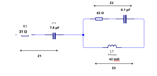 Z2
6.1 μ
62 Ω
R1
7.8 μΕ
31 Q
L1
27mu
Z1
42 mH
Z3
