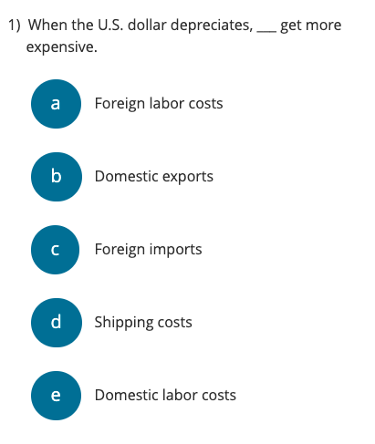 1) When the U.S. dollar depreciates,
expensive.
a
b
с
d
e
Foreign labor costs
Domestic exports
Foreign imports
Shipping costs
Domestic labor costs
get more