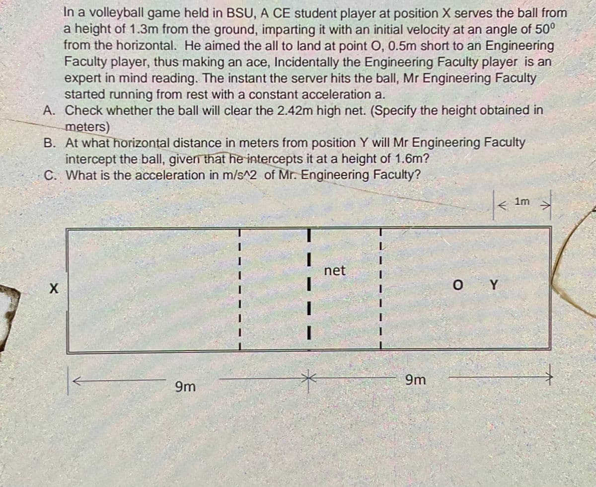 In a volleyball game held in BSU, A CE student player at position X serves the ball from
a height of 1.3m from the ground, imparting it with an initial velocity at an angle of 50°
from the horizontal. He aimed the all to land at point O, 0.5m short to an Engineering
Faculty player, thus making an ace, Incidentally the Engineering Faculty player is an
expert in mind reading. The instant the server hits the ball, Mr Engineering Faculty
started running from rest with a constant acceleration a.
A. Check whether the ball will clear the 2.42m high net. (Specify the height obtained in
meters)
B. At what horizontal distance in meters from position Y will Mr Engineering Faculty
intercept the ball, given that he intercepts it at a height of 1.6m?
C. What is the acceleration in m/s^2 of Mr. Engineering Faculty?
1m
net
O Y
9m
9m
