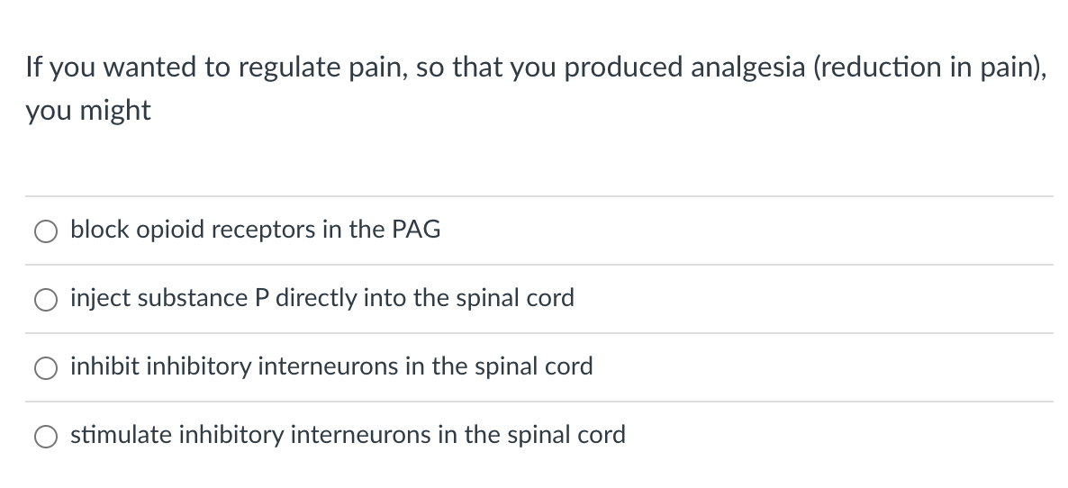 If you wanted to regulate pain, so that you produced analgesia (reduction in pain),
you might
block opioid receptors in the PAG
inject substance P directly into the spinal cord
inhibit inhibitory interneurons in the spinal cord
stimulate inhibitory interneurons in the spinal cord