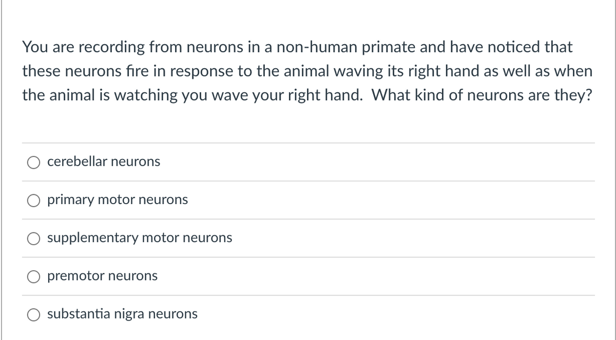 You are recording from neurons in a non-human primate and have noticed that
these neurons fire in response to the animal waving its right hand as well as when
the animal is watching you wave your right hand. What kind of neurons are they?
cerebellar neurons
primary motor neurons
supplementary motor neurons
premotor neurons
substantia nigra neurons