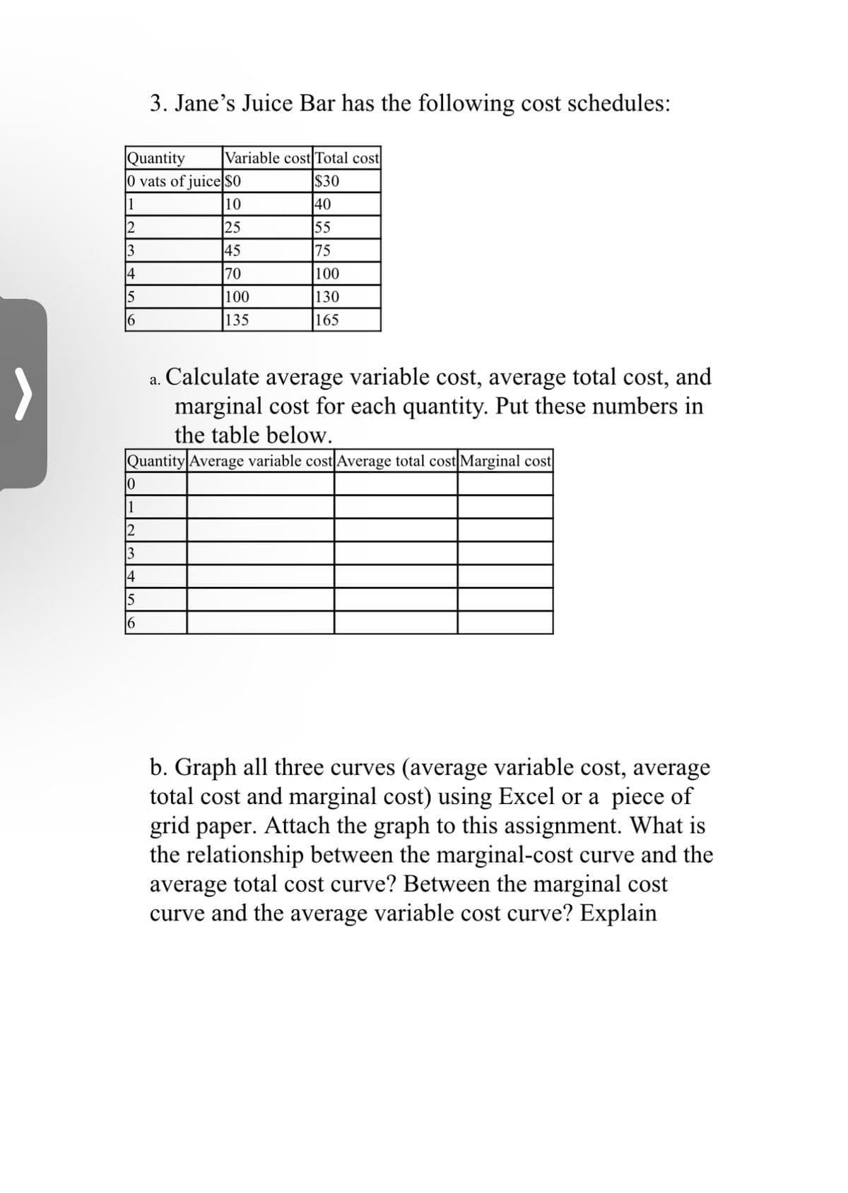 15
3. Jane's Juice Bar has the following cost schedules:
Quantity
0 vats of juice $0
1
10
12
25
3
45
4
70
100
135
10
1
12
13
14
15
Variable cost Total cost
$30
40
55
75
100
130
165
Calculate average variable cost, average total cost, and
marginal cost for each quantity. Put these numbers in
the table below.
Quantity Average variable cost Average total cost Marginal cost
a.
b. Graph all three curves (average variable cost, average
total cost and marginal cost) using Excel or a piece of
grid paper. Attach the graph to this assignment. What is
the relationship between the marginal-cost curve and the
average total cost curve? Between the marginal cost
curve and the average variable cost curve? Explain