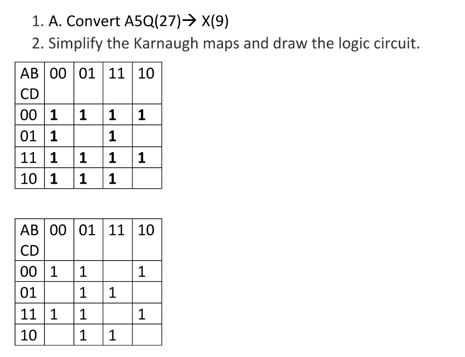 1. A. Convert A5Q(27)→ X(9)
2. Simplify the Karnaugh maps and draw the logic circuit.
AB 00 01 11 10
CD
00 1 1 1 1
01 1
1
11 1 1
10
1 1
11 1
AB 00 01 11 10
CD
00 1 1
01
11 1 1
10
11
11
1
1