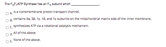 The FoF,ATP Synthase has an Fo subunit which
is a transmembrane proton transport channel.
A.
contains 3a, 38, 1y, 18, and 1e subunits on the mitochondrial matrix side of the inner membrane.
В.
O synthesizes ATP via a rotational catalysis mechanism.
D.
All of the above.
None of the above.
O E.
