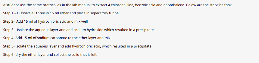 A student use the same protocol as in the lab manual to extract 4 chloroanilline, benzoic acid and naphthalene. Below are the steps he took
Step 1 - Dissolve all three in 15 ml ether and place in separatory funnel
Step 2- Add 15 ml of hydrochloric acid and mix well
Step 3 - Isolate the aqueous layer and add sodium hydroxide which resulted in a precipitate
Step 4- Add 15 ml of sodium carbonate to the ether layer and mix
Step 5- Isolate the aqueous layer and add hydrochloric acid, which resulted in a precipitate.
Step 6- dry the ether layer and collect the solid that is left
