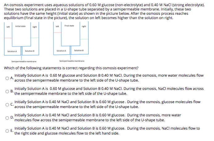 An osmosis experiment uses aqueous solutions of 0.60 M glucose (non-electrolyte) and 0.40 M NacI (strong electrolyte).
These two solutions are placed in a U-shape tube separated by a semipermeable membrane. Initially, these two
solutions have the same height (Initial state) as shown in the picture below. After the osmosis process reaches
equilibrium (Final state in the picture), the solution on left becomes higher than the solution on right.
Initial state
let
Final state
let
right
Solution
Solution
Solutiona
Solutiona
Semipermeable membrane
Semipermeable membrane
Which of the following statements is correct regarding this osmosis experiment?
Initially Solution A is 0.60 M glucose and Solution B 0.40 M NaCl. During the osmosis, more water molecules flow
across the semipermeable membrane to the left side of the U-shape tube.
Initially Solution A is 0.60 M glucose and Solution B 0.40 M NacI. During the osmosis, NaCl molecules flow across
В.
* the semipermeable membrane to the left side of the U-shape tube.
Initially Solution A is 0.40 M NaCl and Solution B is 0.60 M glucose . During the osmosis, glucose molecules flow
across the semipermeable membrane to the left side of the U-shape tube.
D Initially Solution A is 0.40 M Nacl and Solution B is 0.60 M glucose. During the osmosis, more water
molecules flow across the semipermeable membrane to the left side of the U-shape tube.
O E.
Initially Solution A is 0.40 M Nacl and Solution B is 0.60 M glucose. During the osmosis, Nacl molecules flow to
the right side and glucose molecules flow to the left hand side.
