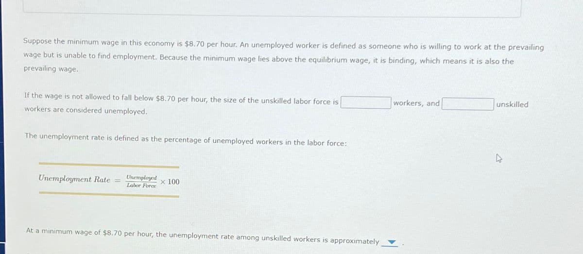 Suppose the minimum wage in this economy is $8.70 per hour. An unemployed worker is defined as someone who is willing to work at the prevailing
wage but is unable to find employment. Because the minimum wage lies above the equilibrium wage, it is binding, which means it is also the
prevailing wage.
If the wage is not allowed to fall below $8.70 per hour, the size of the unskilled labor force is
workers are considered unemployed.
The unemployment rate is defined as the percentage of unemployed workers in the labor force:
Unemployment Rate = Unemployed
Labor Force
x 100
At a minimum wage of $8.70 per hour, the unemployment rate among unskilled workers is approximately
workers, and
unskilled
4