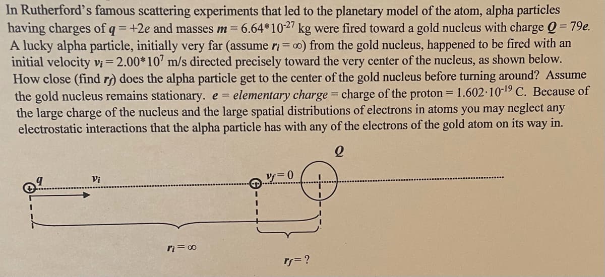 In Rutherford's famous scattering experiments that led to the planetary model of the atom, alpha particles
having charges of q = +2e and masses m= 6.64*1027 kg were fired toward a gold nucleus with charge Q = 79e.
A lucky alpha particle, initially very far (assume ri = 00) from the gold nucleus, happened to be fired with an
initial velocity vi = 2.00*107 m/s directed precisely toward the very center of the nucleus, as shown below.
How close (find r) does the alpha particle get to the center of the gold nucleus before turning around? Assume
the gold nucleus remains stationary. e = elementary charge = charge of the proton = 1.602·10-19 C. Because of
the large charge of the nucleus and the large spatial distributions of electrons in atoms you may neglect any
electrostatic interactions that the alpha particle has with any of the electrons of the gold atom on its way in.
Vi
ri = 00
