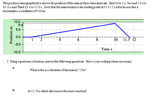 The position-time graph below shows the position of the man in three time intervals: First Os to 1 s; Second 1.0 sto
10.0s and Third 10.0 to 12.0 s. Note that the manretums to his starting point at t=11.5 s after he reaches a
maximumx-coordinate of 9.00m.
Position m
10.0
9.0
5.0
0.0
-5.0
-10.0
a.
b.
Time s
2. Using equations of motion, answer the following questions. Show your working where necessary.
What is the acceleration of the man at 7.50s?
At 11.50s which direction is the man's motion?
10
11.5 12