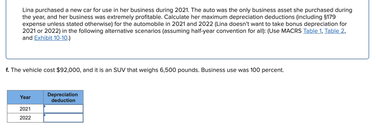 Lina purchased a new car for use in her business during 2021. The auto was the only business asset she purchased during
the year, and her business was extremely profitable. Calculate her maximum depreciation deductions (including §179
expense unless stated otherwise) for the automobile in 2021 and 2022 (Lina doesn't want to take bonus depreciation for
2021 or 2022) in the following alternative scenarios (assuming half-year convention for all): (Use MACRS Table 1, Table 2,
and Exhibit 10-10.)
f. The vehicle cost $92,000, and it is an SUV that weighs 6,500 pounds. Business use was 100 percent.
Depreciation
deduction
Year
2021
2022
