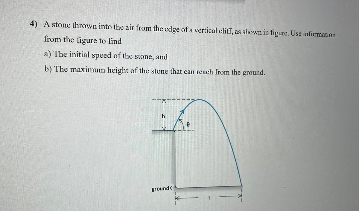 4) A stone thrown into the air from the edge of a vertical cliff, as shown in figure. Use information
from the figure to find
a) The initial speed of the stone, and
b) The maximum height of the stone that can reach from the ground.
h
ground
0