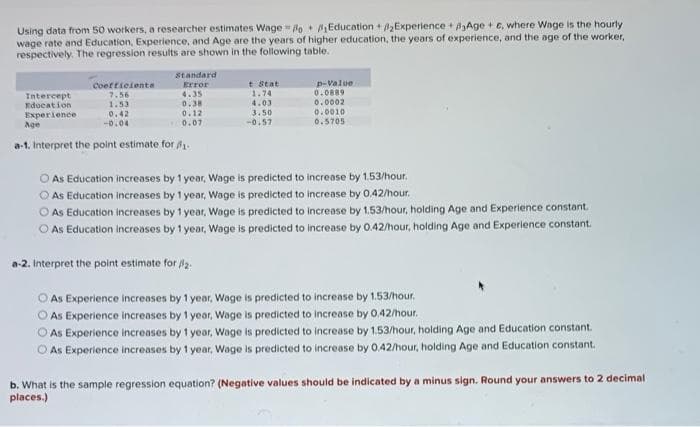 Using data from 50 workers, a researcher estimates Wage lo• Education + Experience + AAge + e, where Wage is the hourly
wage rate and Education, Experience, and Age are the years of higher education, the years of experience, and the age of the worker,
respectively. The regression results are shown in the following table.
Standard
Coefticiente
7.56
1.53
Error
4.35
0.38
t Stat
1.74
p-Value
0.0889
0.0002
Intercept
nducation
Experience
Age
4.03
3.50
0.0010
0.42
-0.04
0.12
0.07
-0.57
0.5705
a-1. Interpret the point estimate for .
As Education increases by 1 year, Wage is predicted to increase by 1.53/hour.
As Education increases by 1 year, Wage is predicted to increase by 0.42/hour.
O As Education increases by 1 year, Wage is predicted to increase by 1.53/hour, holding Age and Experience constant.
O As Education increases by 1 year, Wage is predicted to increase by 0.42/hour, holding Age and Experience constant.
a-2. Interpret the point estimate for 2.
O As Experience increases by 1 year, Woge is predicted to increase by 1.53/hour.
O As Experience increases by 1 year, Wage is predicted to increase by 0.42/hour.
O As Experience increases by 1 year, Wage is predicted to increase by 1.53/hour, holding Age and Education constant.
O As Experience increases by 1 year, Wage is predicted to increase by 0.42/hour, holding Age and Education constant.
b. What is the sample regression equation? (Negative values should be indicated by a minus sign. Round your answers to 2 decimal
places.)
