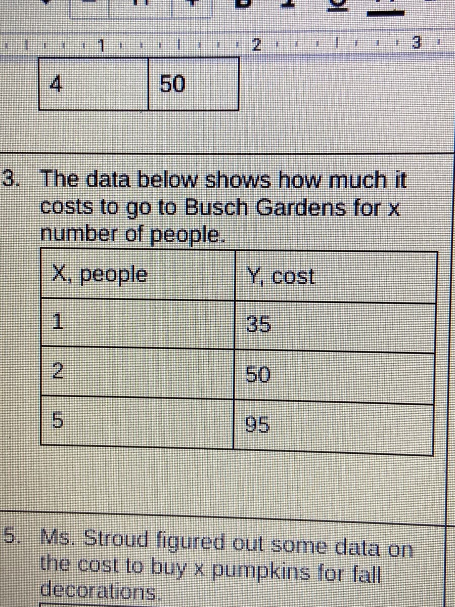 3.
詳
詳
排
4
3. The data below shows how much it
costs to go to Busch Gardens for x
number of people.
Х, реople
Y, cost
1.
35
2.
50
5.
95
5. Ms. Stroud figured out some data on
the cost to buy x pumpkins for fall
decorations.
50
