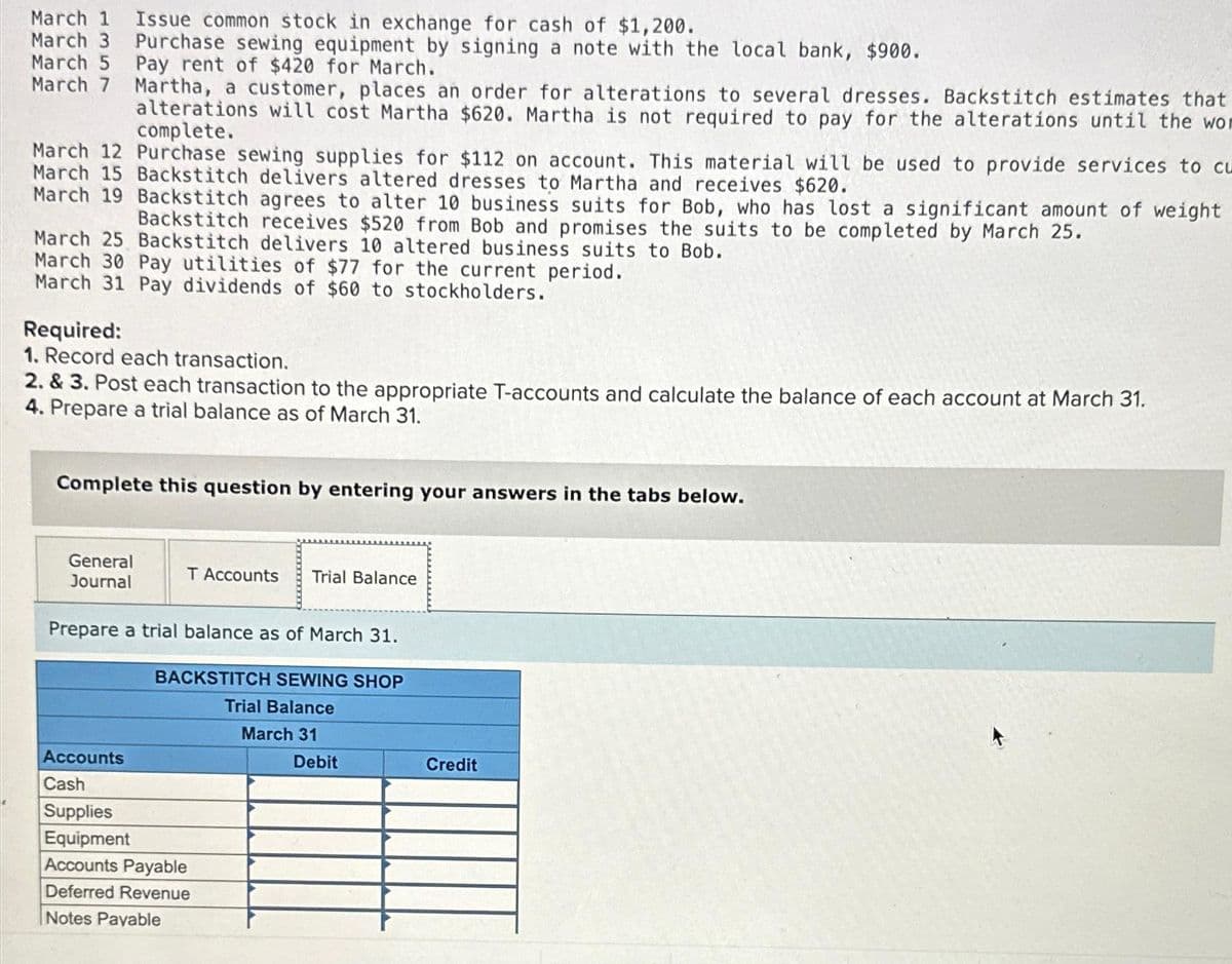 March 1
March 3
March 5
March 7
Issue common stock in exchange for cash of $1,200.
Purchase sewing equipment by signing a note with the local bank, $900.
Pay rent of $420 for March.
Martha, a customer, places an order for alterations to several dresses. Backstitch estimates that
alterations will cost Martha $620. Martha is not required to pay for the alterations until the wom
complete.
March 12 Purchase sewing supplies for $112 on account. This material will be used to provide services to cu
March 15 Backstitch delivers altered dresses to Martha and receives $620.
March 19 Backstitch agrees to alter 10 business suits for Bob, who has lost a significant amount of weight
Backstitch receives $520 from Bob and promises the suits to be completed by March 25.
March 25 Backstitch delivers 10 altered business suits to Bob.
March 30 Pay utilities of $77 for the current period.
March 31 Pay dividends of $60 to stockholders.
Required:
1. Record each transaction.
2. & 3. Post each transaction to the appropriate T-accounts and calculate the balance of each account at March 31.
4. Prepare a trial balance as of March 31.
Complete this question by entering your answers in the tabs below.
General
Journal
T Accounts
Trial Balance
Prepare a trial balance as of March 31.
BACKSTITCH SEWING SHOP
Trial Balance
March 31
Accounts
Cash
Supplies
Equipment
Accounts Payable
Deferred Revenue
Notes Payable
Debit
Credit