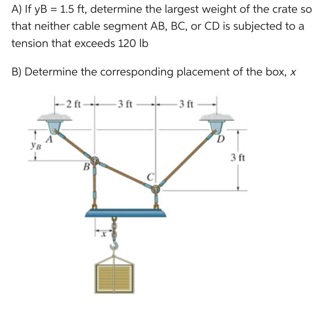 A) If yB = 1.5 ft, determine the largest weight of the crate so
that neither cable segment AB, BC, or CD is subjected to a
tension that exceeds 120 lb
B) Determine the corresponding placement of the box, x
Ув
-2 ft-
B
-3 ft
-3 ft
D
3 ft