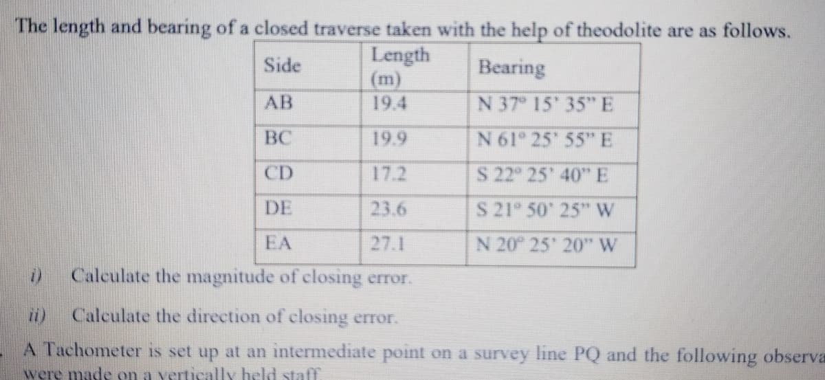 The length and bearing of a closed traverse taken with the help of theodolite are as follows.
Length
(m)
19.4
Side
Bearing
AB
N 37° 15 35" E
BC
19.9
N 61 25 55" E
CD
17.2
S 22 25 40" E
DE
23.6
S 21 50 25" W
EA
27.1
N 20 25 20" W
Calculate the magnitude of closing error.
Calculate the direction of closing error.
A Tachometer is set up at an intermediate point on a survey line PQ and the following observa
were madee on a vertieally held stall
