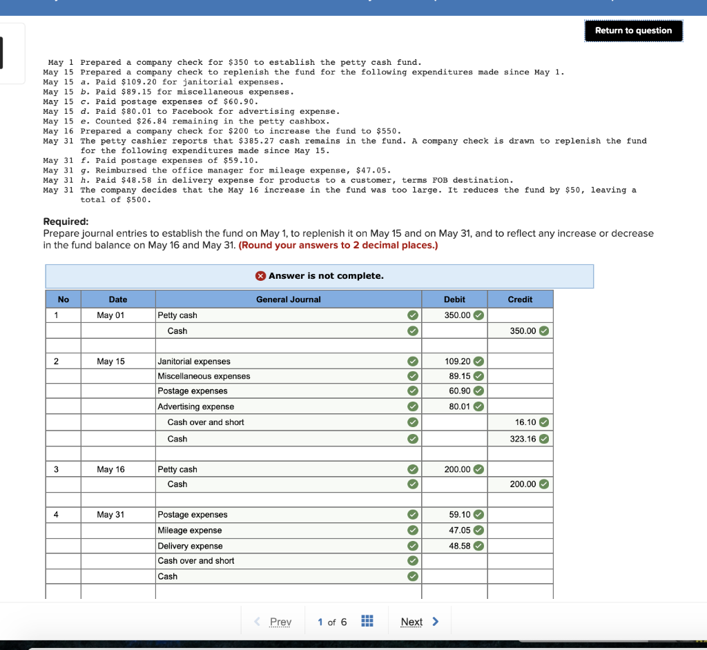 May 1 Prepared a company check for $350 to establish the petty cash fund.
May 15 Prepared a company check to replenish the fund for the following expenditures made since May 1.
May 15 a. Paid $109.20 for janitorial expenses.
May 15 b. Paid $89.15 for miscellaneous expenses.
May 15 c. Paid postage expenses of $60.90.
May 15 d. Paid $80.01 to Facebook for advertising expense.
May 15 e. Counted $26.84 remaining in the petty cashbox.
May 16 Prepared a company check for $200 to increase the fund to $550.
May 31 The petty cashier reports that $385.27 cash remains in the fund. A company check is drawn to replenish the fund
for the following expenditures made since May 15.
May 31
f. Paid postage expenses of $59.10.
May 31 g. Reimbursed the office manager for mileage expense, $47.05.
May 31 h. Paid $48.58 in delivery expense for products to a customer, terms FOB destination.
May 31 The company decides that the May 16 increase in the fund was too large. It reduces the fund by $50, leaving a
total of $500.
Required:
Prepare journal entries to establish the fund on May 1, to replenish it on May 15 and on May 31, and to reflect any increase or decrease
in the fund balance on May 16 and May 31. (Round your answers to 2 decimal places.)
No
1
2
3
4
Date
May 01
May 15
May 16
May 31
Petty cash
Cash
Janitorial expenses
Miscellaneous expenses
Postage expenses
Advertising expense
Cash over and short
Cash
Petty cash
Cash
Postage expenses
Mileage expense
Delivery expense
Cash over and short
Cash
Answer is not complete.
General Journal
< Prev
1 of 6
#
♥
333333
✓
✔
♥
✓
●●●●● ●●
Next >
Debit
350.00✔
3333
109.20✔
89.15
60.90✔
80.01✔
200.00✔
59.10✔
47.05✔
48.58✔
Credit
Return to question
350.00
16.10
323.16
200.00✔