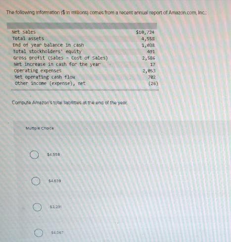 The following information (Sin millions) comes from a recent annual report of Amazon.com, Inc.:
Net sales
Total assets
End of year balance in cash
Total stockholders' equity
Gross profit (Sales Cost of sales)
Net increase in cash for the year.
Operating expenses
Net operating cash flow
other income (expense), net
Compute Amazon's total liabilities at the end of the year.
Multiple Choice
$4,558
O
$4,639
O $2.231
$4,067
$10,724
4,558
1,038
491
2,586
17
2,053
782
(26)