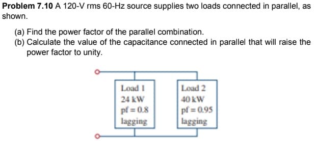 Problem 7.10 A 120-V rms 60-Hz source supplies two loads connected in parallel, as
shown.
(a) Find the power factor of the parallel combination.
(b) Calculate the value of the capacitance connected in parallel that will raise the
power factor to unity.
Load 1
Load 2
24 kW
40 kW
pf = 0.8
lagging
pf = 0.95
lagging
