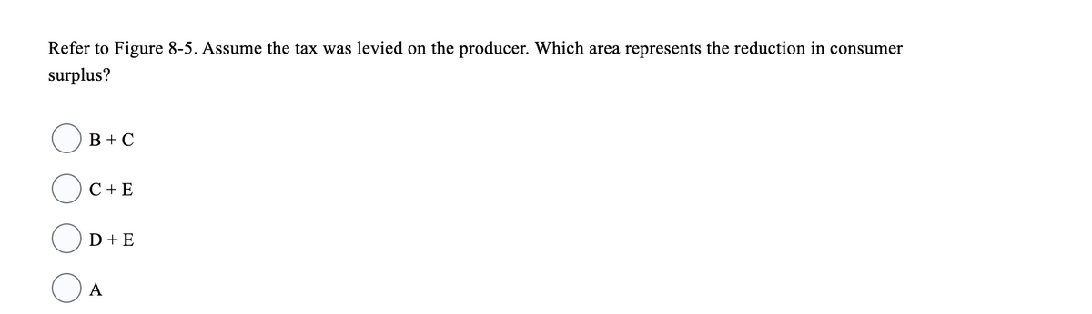 Refer to Figure 8-5. Assume the tax was levied on the producer. Which area represents the reduction in consumer
surplus?
B + C
C + E
D + E
A