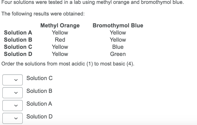 Four solutions were tested in a lab using methyl orange and bromothymol blue.
The following results were obtained:
Methyl Orange
Yellow
Bromothymol Blue
Yellow
Solution A
Solution B
Red
Yellow
Solution C
Yellow
Blue
Solution D
Yellow
Green
Order the solutions from most acidic (1) to most basic (4).
Solution C
Solution B
Solution A
Solution D
>
