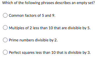 Which of the following phrases describes an empty set?
O Common factors of 5 and 9.
Multiples of 2 less than 10 that are divisible by 5.
Prime numbers divisible by 2.
Perfect squares less than 10 that is divisible by 3.