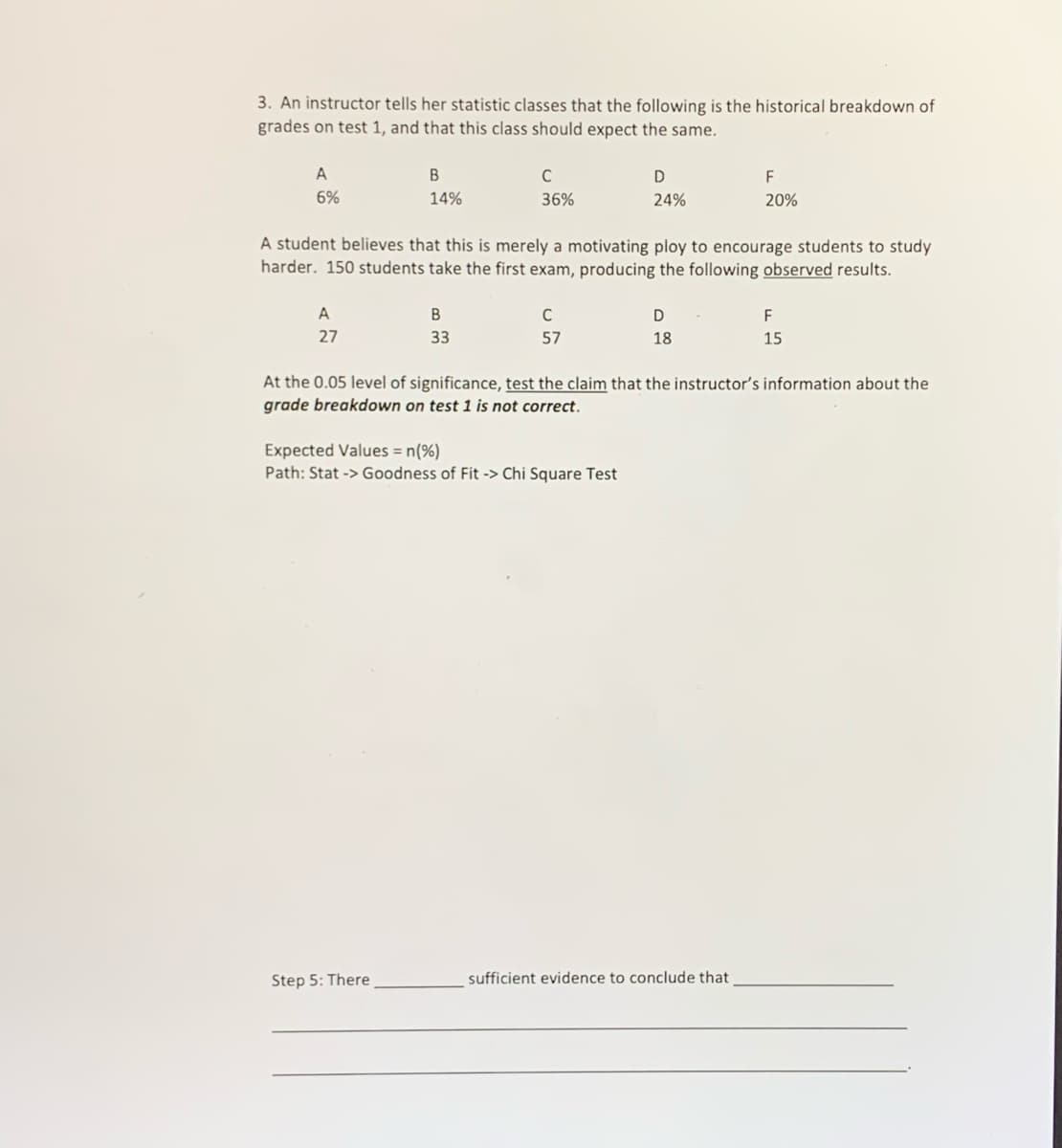 3. An instructor tells her statistic classes that the following is the historical breakdown of
grades on test 1, and that this class should expect the same.
A
C
F
6%
14%
36%
24%
20%
A student believes that this is merely a motivating ploy to encourage students to study
harder. 150 students take the first exam, producing the following observed results.
A
D
F
27
33
57
18
15
At the 0.05 level of significance, test the claim that the instructor's information about the
grade breakdown on test 1 is not correct.
Expected Values = n(%)
Path: Stat -> Goodness of Fit -> Chi Square Test
Step 5: There
sufficient evidence to conclude that
