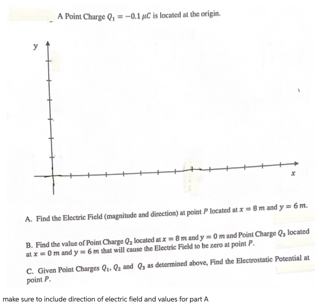 A Point Charge Q₁ = -0.1 µC is located at the origin.
x
A. Find the Electric Field (magnitude and direction) at point P located at x = 8 m and y = 6 m.
B. Find the value of Point Charge Q₂ located at x = 8 m and y = 0 m and Point Charge Q3 located
at x = 0 m and y = 6 m that will cause the Electric Field to be zero at point P.
C. Given Point Charges Q₁, Q2 and Q3 as determined above, Find the Electrostatic Potential at
point P.
make sure to include direction of electric field and values for part A