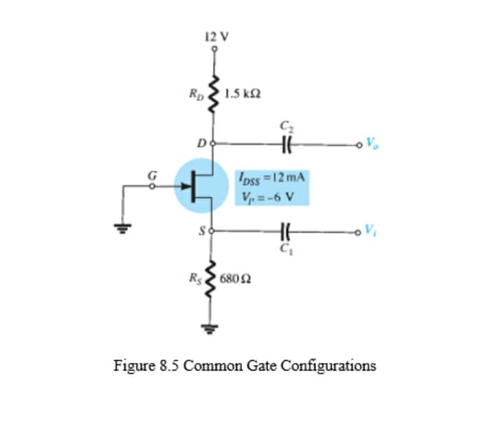 12 V
Rp
1.5 ka
C2
D
pss =12 mA
V = -6 V
6802
Figure 8.5 Common Gate Configurations
