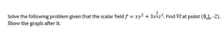 Solve the following problem given that the scalar field f = xy² + 3x=z?. Find Vf at point (8,1, -2).
Show the graph after it.
