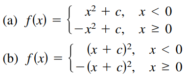 x? + c,
x < 0
(a) f(x) = {_'
- х? + с,
x 2 0
(х + c)?, х <0
— (х + c)?,
(b) f(x) =
x > 0
