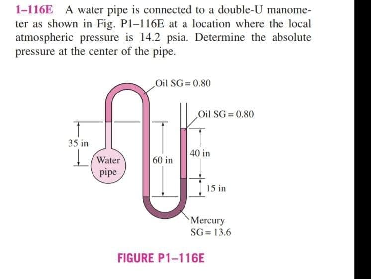 1-116E A water pipe is connected to a double-U manome-
ter as shown in Fig. P1-116E at a location where the local
atmospheric pressure is 14.2 psia. Determine the absolute
pressure at the center of the pipe.
Oil SG 0.80
Oil SG 0.80
35 in
40 in
! (Water
pipe
60 in
15 in
Mercury
SG = 13.6
FIGURE P1-116E
