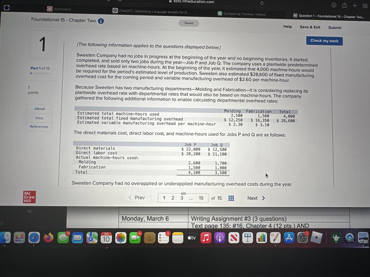 O
Foundational 15 - Chapter Two i
1
Part 1 of 15
.
1
points
eBook
Mc
Graw
Hill
10
83
Print
References
Dashboard
78
ChatGPT: Optimizing Language Models for D...
Direct materials.
Direct labor cost
Actual machine-hours used:
Molding
Fabrication
Total
ezto.mheducation.com
TO FEB
10
Saved
< Prev
[The following information applies to the questions displayed below.]
Sweeten Company had no jobs in progress at the beginning of the year and no beginning inventories. It started,
completed, and sold only two jobs during the year-Job P and Job Q. The company uses a plantwide predetermined
overhead rate based on machine-hours. At the beginning of the year, it estimated that 4,000 machine-hours would
be required for the period's estimated level of production. Sweeten also estimated $28,600 of fixed manufacturing
overhead cost for the coming period and variable manufacturing overhead of $2.60 per machine-hour.
Because Sweeten has two manufacturing departments-Molding and Fabrication-it is considering replacing its
plantwide overhead rate with departmental rates that would also be based on machine-hours. The company
gathered the following additional information to enable calculating departmental overhead rates:
Estimated total machine-hours used
Estimated total fixed manufacturing overhead
Estimated variable manufacturing overhead per machine-hour
The direct materials cost, direct labor cost, and machine-hours used for Jobs P and Q are as follows:
Monday, March 6
Job P
$ 22,000
$ 28,200
1 2 3
S
2,600
1,500
4.100
***
Comparing Themes, Videos
Sweeten Company had no overapplied or underapplied manufacturing overhead costs during the year.
15
tv
Ć
Molding
2,500
$ 12,250
$ 2.30
Job Q
$ 12,500
$ 11,100
1,700
1,800
3,500
of 15
Help
+88
M Question 1-Foundational 15 - Chapter Two....
Fabrication
1,500
Total
4,000
$ 16,350 $ 28,600
$ 3.10
Next >
Save & Exit
Writing Assignment #3 (3 questions)
Text page 135: #16, Chapter 4 (12 pts.) AND
A
A
Submit
Check my work