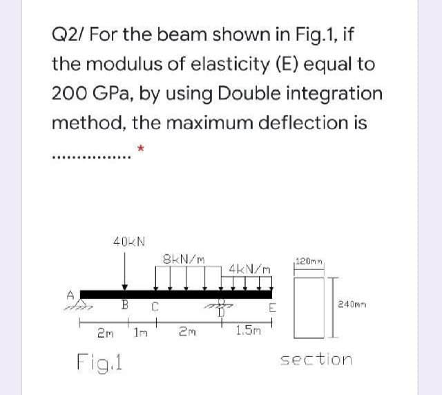 Q2/ For the beam shown in Fig.1, if
the modulus of elasticity (E) equal to
200 GPa, by using Double integration
method, the maximum deflection is
40KN
8KN/m
120mm
4KN/m
A
E
240mm
2m
1m
2m
1.5m
Fig.1
section
