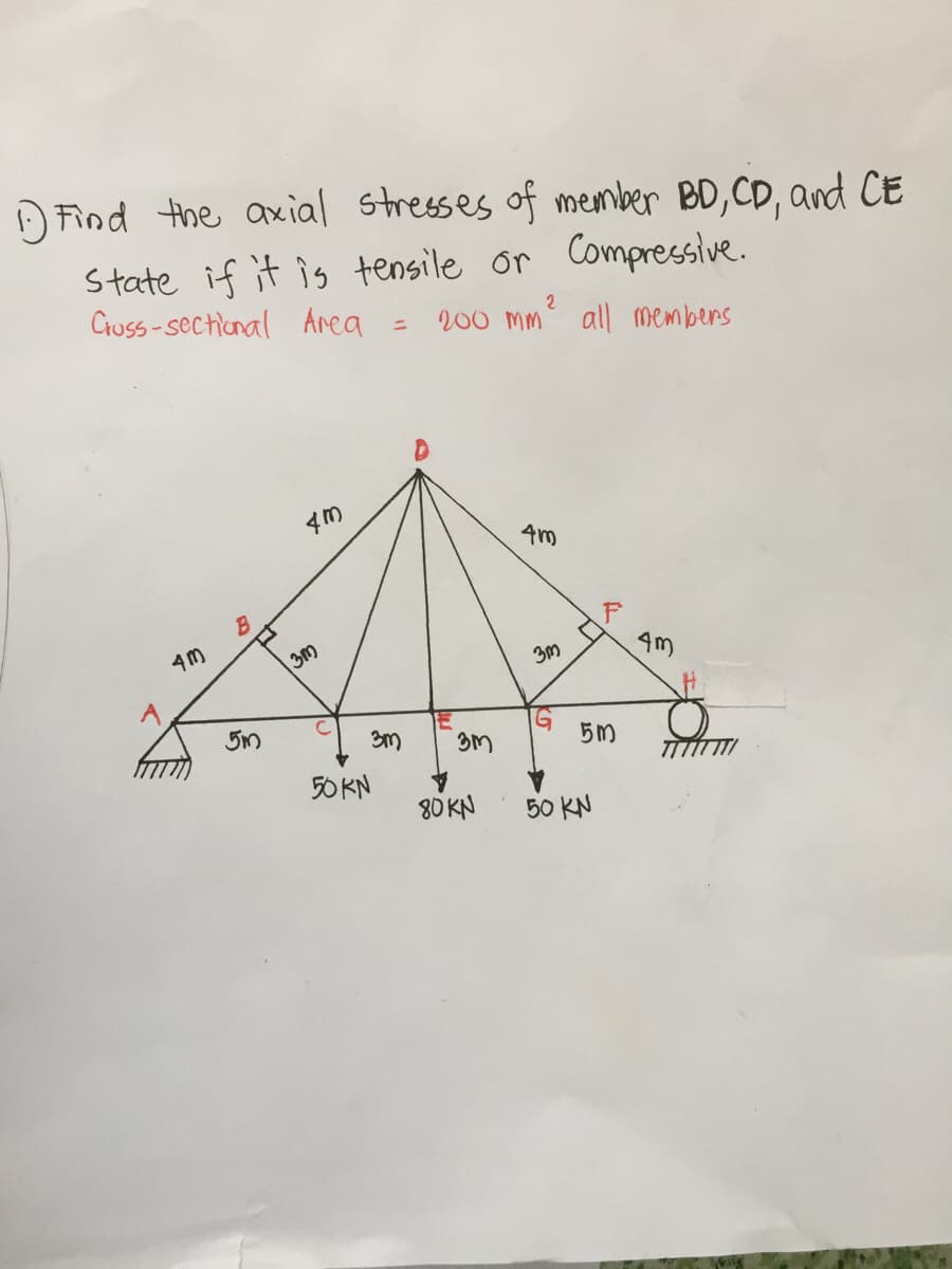 D Find the axial stresses of member BD,CD, and CE
State if it is tensile or Compressive.
Cruss-sectional Area
2
200 M
all members
%3D
4m
4m
3m
3m
50 KN
80 KN
50 KN
