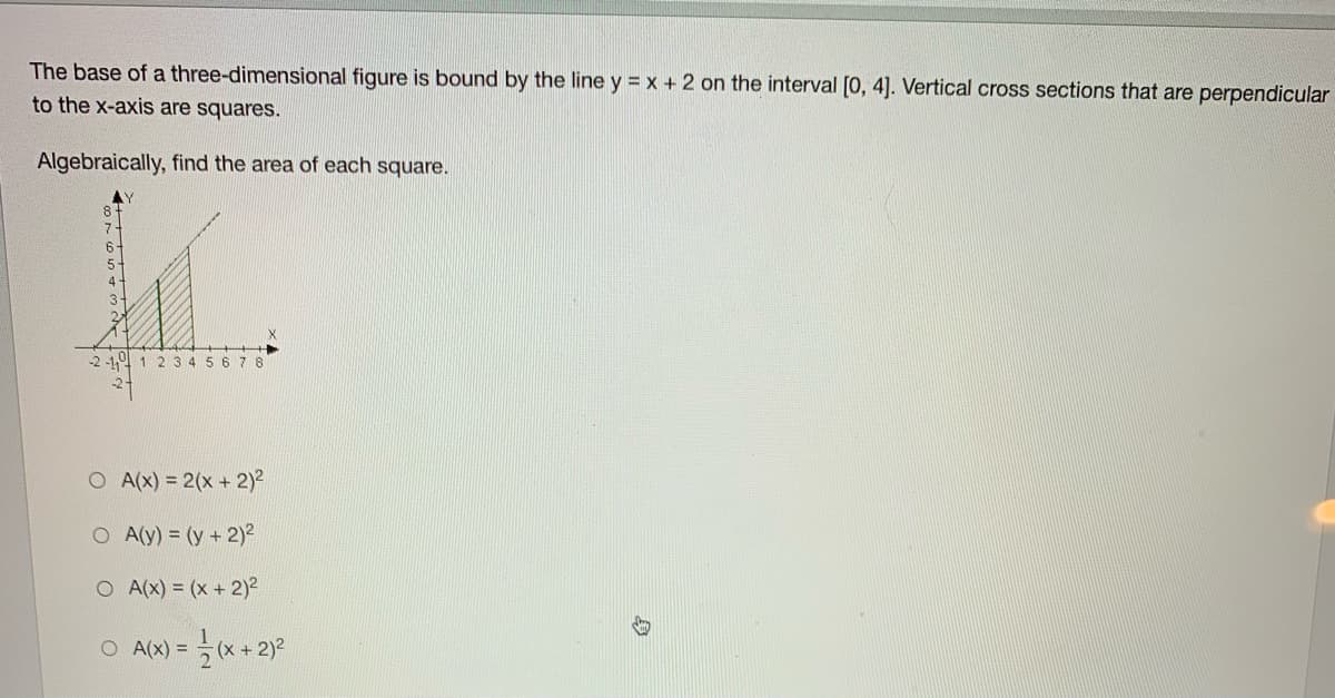 The base of a three-dimensional figure is bound by the line y = x + 2 on the interval [0, 4]. Vertical cross sections that are perpendicular
to the x-axis are squares.
Algebraically, find the area of each square.
-2 -1,0
1234 5 678
O A(x) = 2(x + 2)²
O A(y) = (y +2)²
O A(x) = (x +2)2
O A(x) =
身
