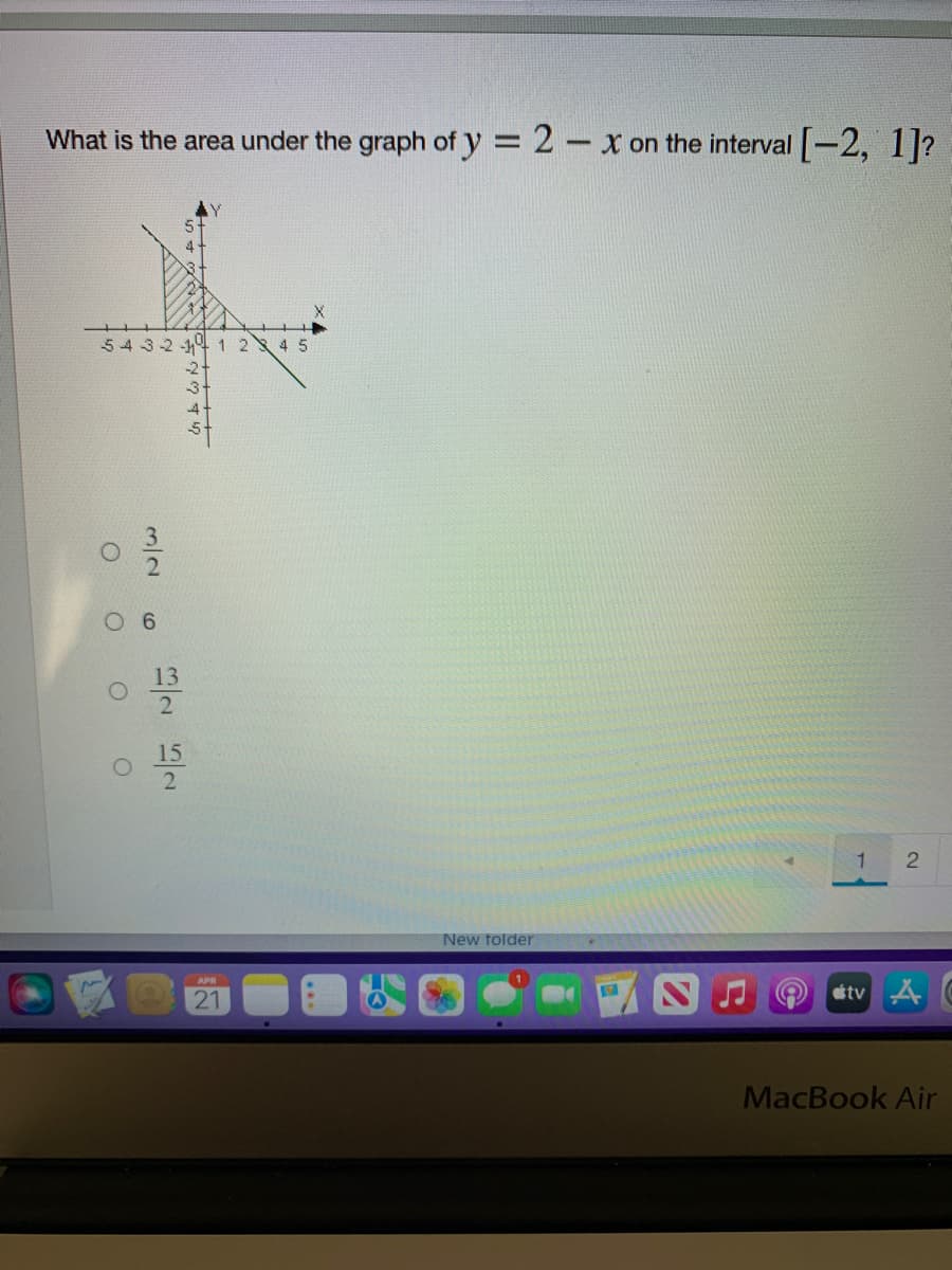 What is the area under the graph of y = 2-x on the interval -2, 1]?
5 4 32 44 1 2 4 5
-2
13
15
New tolder
APR
21
tv4
MacBook Air
