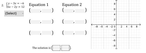 Sy- 3x = -6
2.
8.
(6x – 2y = 12
Equation 1
Equation 2
6
(Select)
-8 -6 -4 -20
4.
6
-2
-4
-6
-8
The solution is
2.
4)
2.
