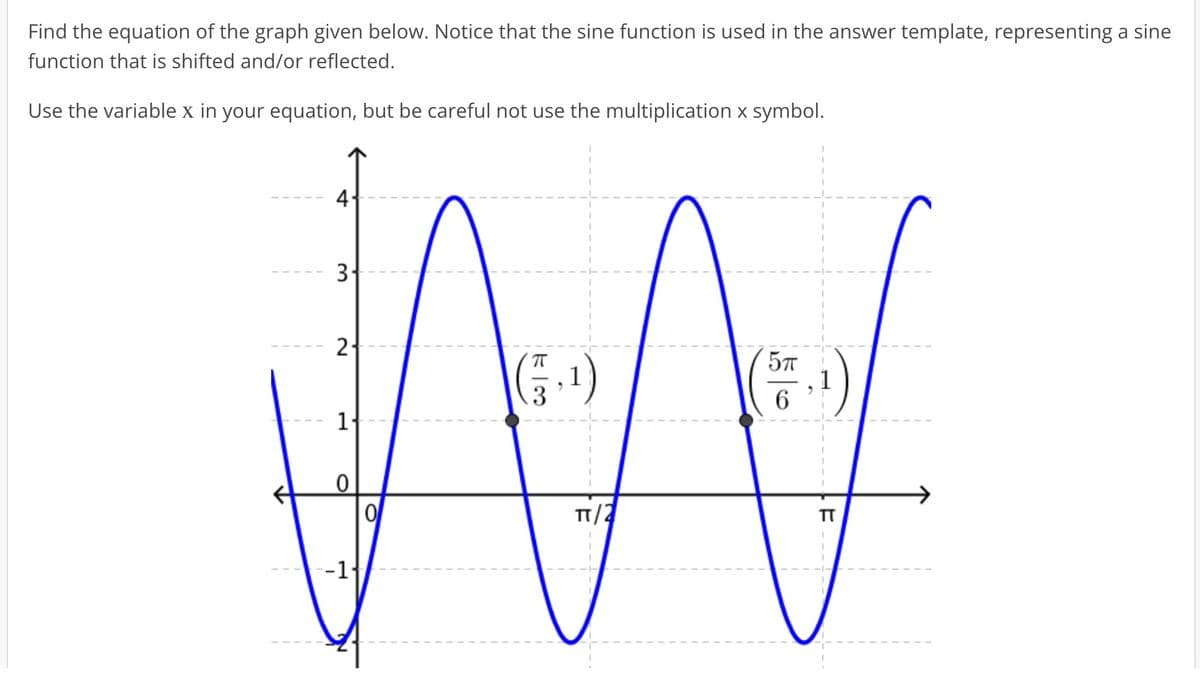 Find the equation of the graph given below. Notice that the sine function is used in the answer template, representing a sine
function that is shifted and/or reflected.
Use the variable x in your equation, but be careful not use the multiplication x symbol.
3-
21
M
175, 1¹)
1
0
0
TT/2
-1
انت
5π
6
TT