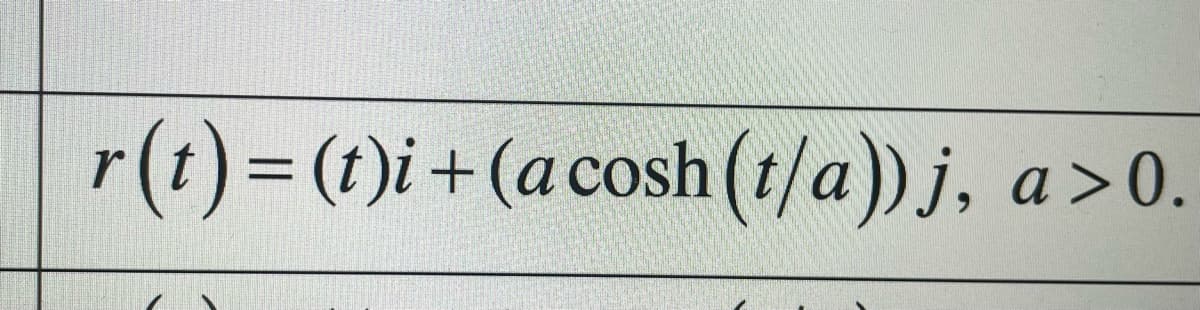 r(t)=(t)i+(acosh (t/a))j, a>0.
