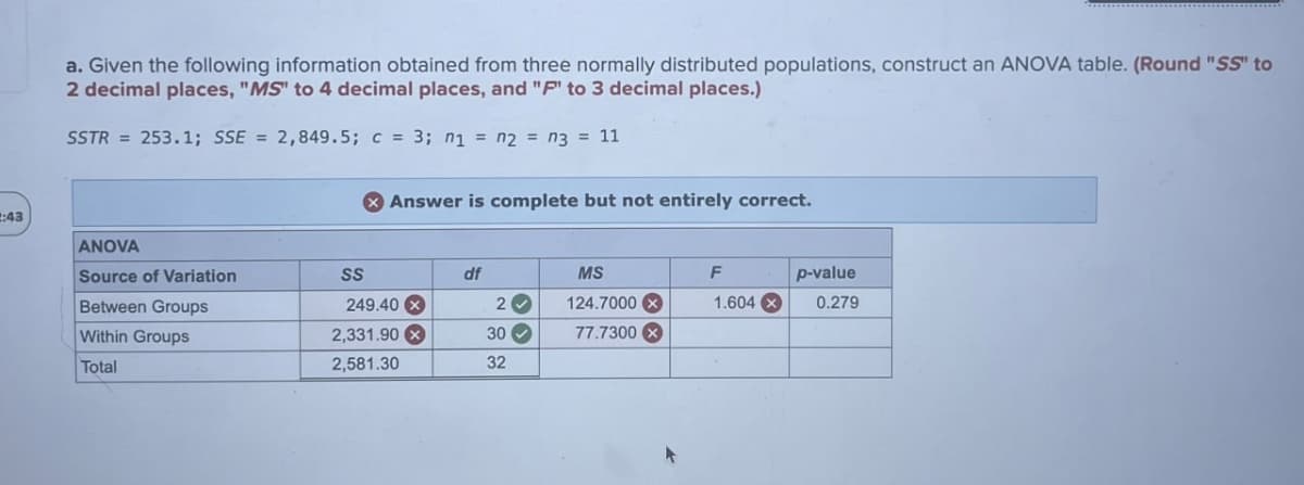 a. Given the following information obtained from three normally distributed populations, construct an ANOVA table. (Round "SS" to
2 decimal places, "MS" to 4 decimal places, and "F" to 3 decimal places.)
SSTR = 253.1; SSE = 2,849.5; c = 3; n₁ = n2 = n3 = 11
Answer is complete but not entirely correct.
2:43
ANOVA
Source of Variation
SS
df
MS
F
p-value
Between Groups
249.40x
2
124.7000
1.604x
0.279
Within Groups
2,331.90x
30
77.7300x
Total
2,581.30
32