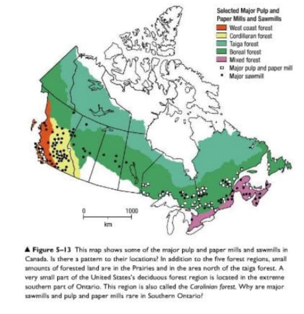 Selected Major Pulp and
Paper Mils and Sawmills
I West coast forest
I Cordilleran forest
Taiga forest
Boreal forest
Mixed forest
O Major pulp and paper mill
• Major sawmil
1000
km
A Figure 5-13 This map shows some of the major pulp and paper mills and sawmils in
Canada. Is there a pattern to their lacations? In addition to the five farest regions, small
amounts of forested land are in the Prairies and in che area north of the caiga forest. A
very small part of the United Scates's deciduous forest region is located in the extreme
southern part of Ontario. This region is also called the Carolinian forest. Why are major
sawmills and pulp and paper mills rare in Southern Ontario!
