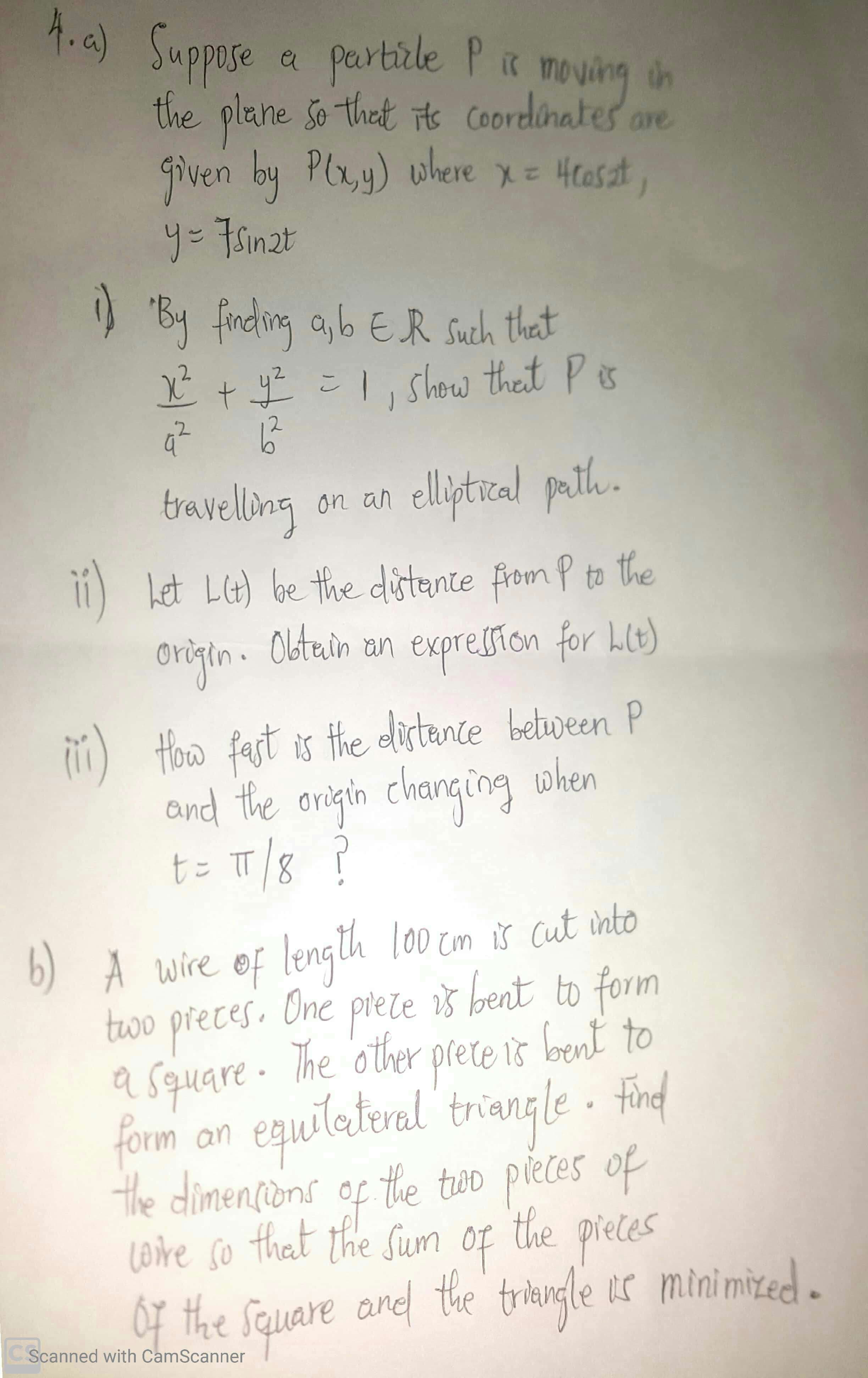 Suppose
the plane So thet its Coordinates are
a partile Pir moving in
given by
y=Fsinzt
Plxy) where x= Heasat,
