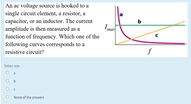 oltage source is hooked t
ircuit element, a resistor,
er, or an inductor. The cu
de is then measured as a
- of frequency. Which om
ng curves corresponds to
e circuit?
