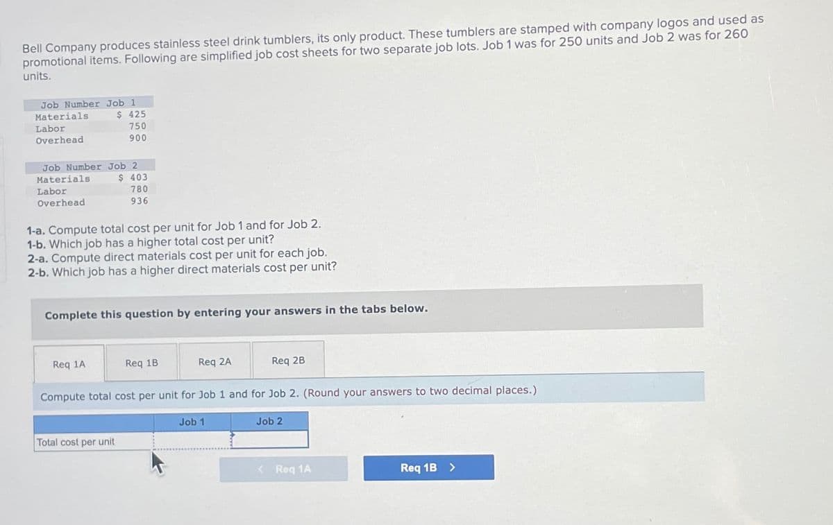 Bell Company produces stainless steel drink tumblers, its only product. These tumblers are stamped with company logos and used as
promotional items. Following are simplified job cost sheets for two separate job lots. Job 1 was for 250 units and Job 2 was for 260
units.
Job Number Job 1
Materials.
Labor
Overhead
Job Number Job 2
Materials
$ 403
780
936
Labor
Overhead
$ 425
750
900
1-a. Compute total cost per unit for Job 1 and for Job 2.
1-b. Which job has a higher total cost per unit?
2-a. Compute direct materials cost per unit for each job.
2-b. Which job has a higher direct materials cost per unit?
Complete this question by entering your answers in the tabs below.
Req 1A
Total cost per unit
Req 1B
Req 2A
Compute total cost per unit for Job 1 and for Job 2. (Round your answers to two decimal places.)
Req 2B
Job 1
Job 2
< Req 1A
Req 1B >