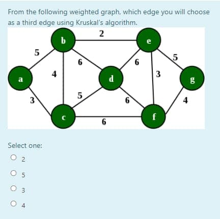 From the following weighted graph, which edge you will choose
as a third edge using Kruskal's algorithm.
2
b
e
5
5
6
5
3
Select one:
02
05
03
O 4
4
с
6
d
6
6
3
f
сл
g
4