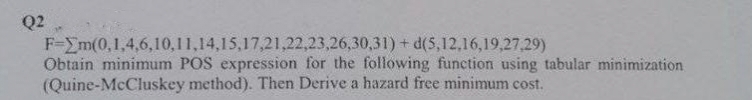 Q2
F-Em(0,1,4,6,10,11,14,15,17,21,22,23,26,30,31)+
d(5,12,16,19,27,29)
Obtain minimum POS expression for the following function using tabular minimization
(Quine-McCluskey method). Then Derive a hazard free minimum cost.