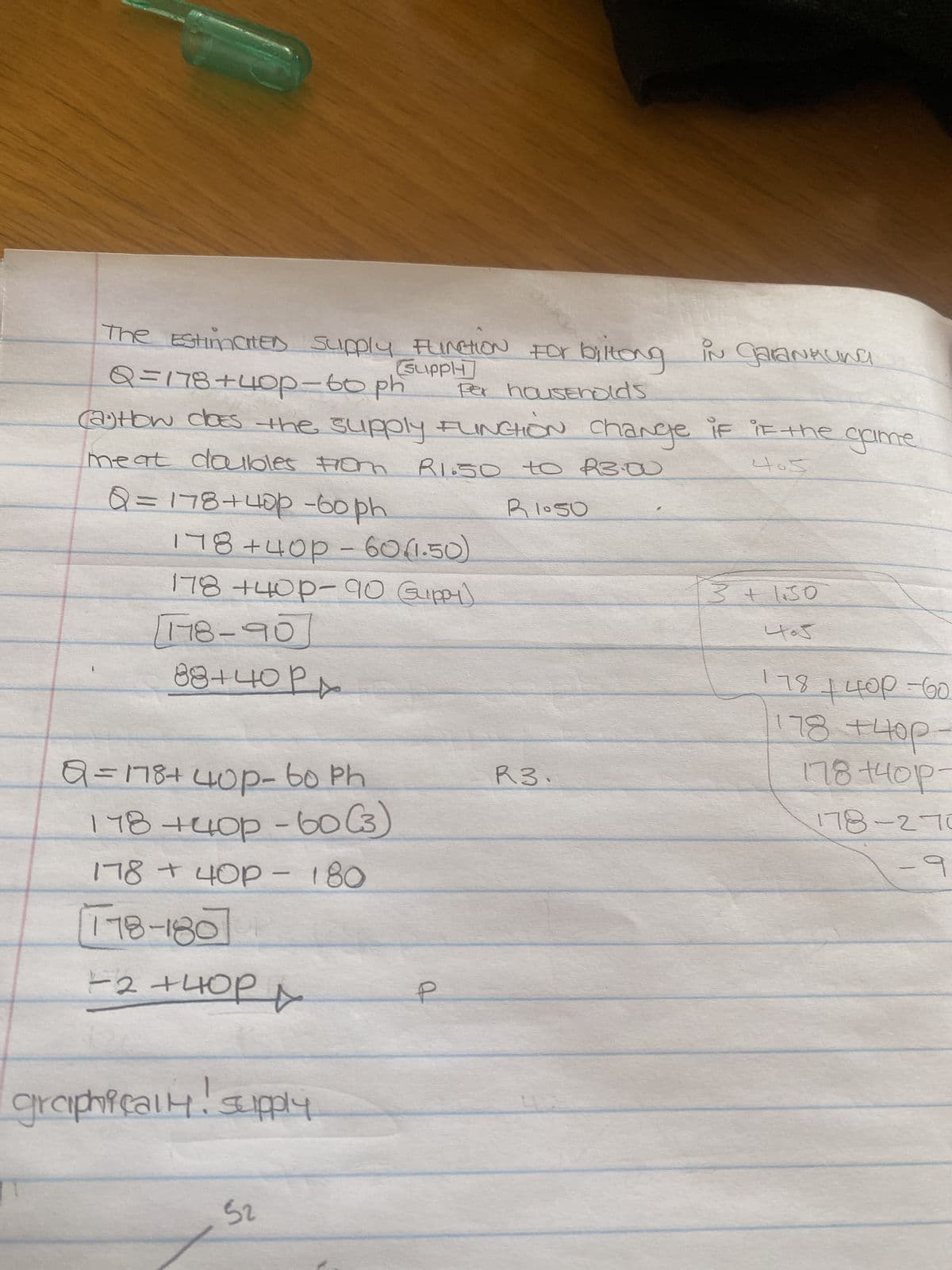 The Estimated Supply Function for biltong in garankung
Q=178+40p-60 ph
per households
405
R1.50 to R3.00
R1050
(a) How does the supply FUNCTION Change if if the game
meat doubles from
Q=178 +40p -60 ph
178 +40p - 60 (1.50)
178 +40p-90 Guppy)
178-90
88+40PX
Q=178+40p- 60 Ph
178 +40p - 60 (3)
чор
178 + 40P - 180
118-180
A don't e-
graphically! supply.
52
Hddns
Q
R3.
3+1:30
4.5
118+ чор-60
178 +40p-
178 +40p-
178-270
-9